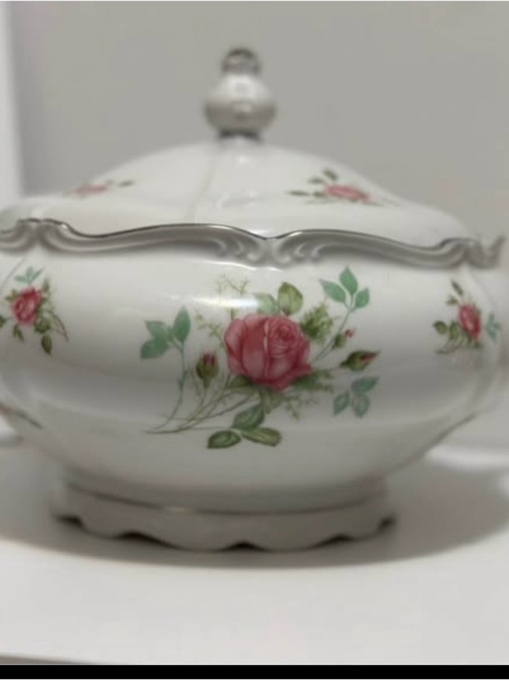 “Chalfonte” White Porcelain Covered Serving Bowl with Pink Rose
